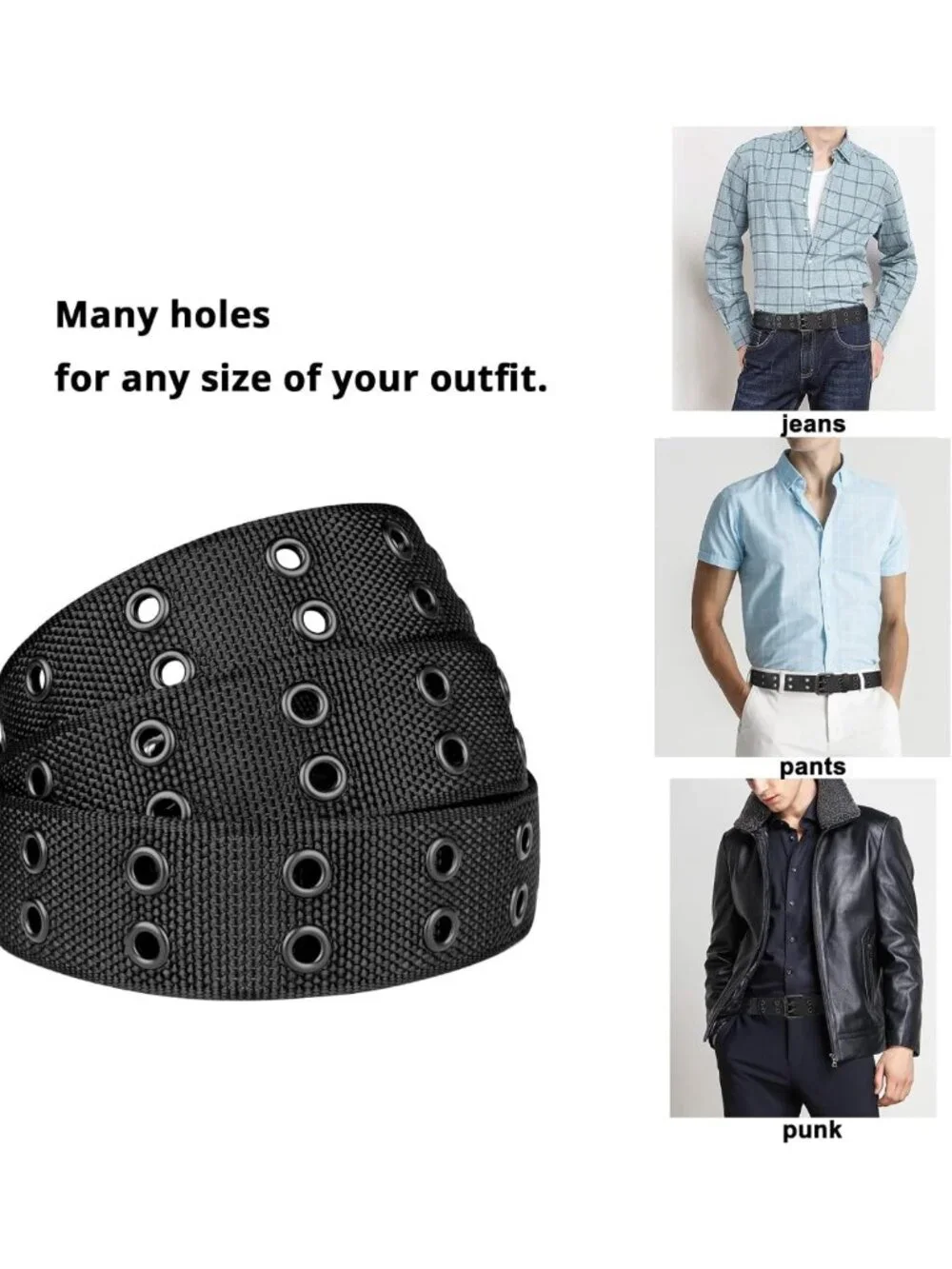 Plus Size Double Prong Belt 39-71'' Black Grommet Nylon Unisex Adjustable Belt